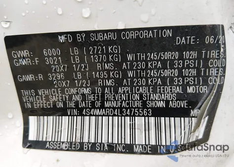 2020 Subaru Ascent Touring z USA, uszkodzony, nr VIN 4S4WMARD4L3475563